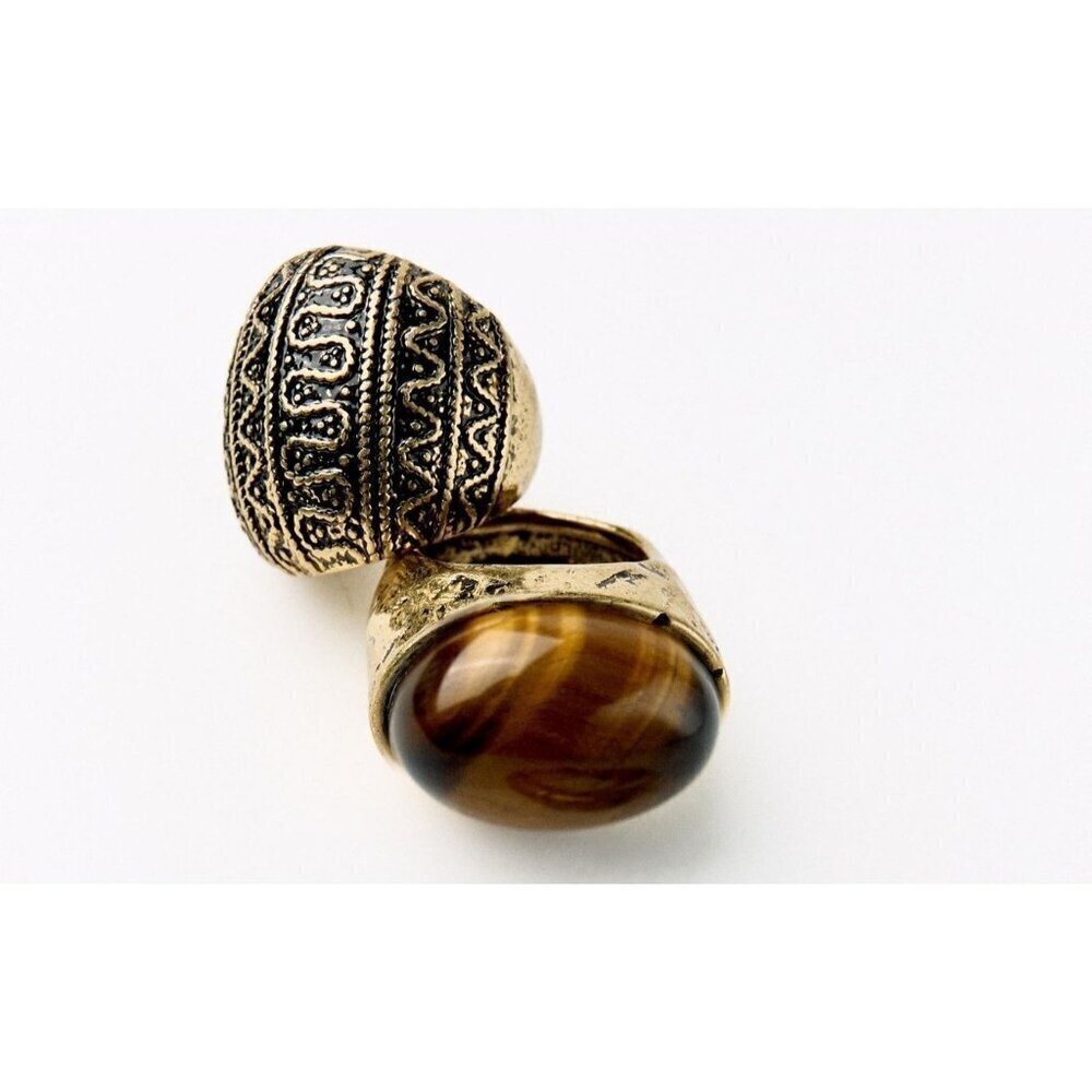 Zara Tiger Eye Statement Ring Detailed Antique Gold Finish 17.5 Mm READ ME